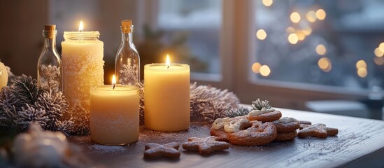 Aufkleber - Four candles in bottles are lit for Advent with Christmas cookies and decorations on a table by the window copy space selected focus narrow depth of field