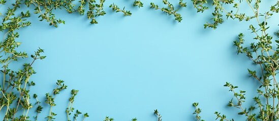 Fototapete - Thyme natural herbs arranged in a frame on a blue background with room for text. with copy space image. Place for adding text or design