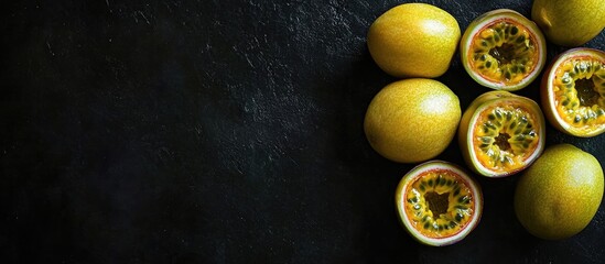 Poster - Overhead view of yellow skinned passion fruits on a black background. with copy space image. Place for adding text or design