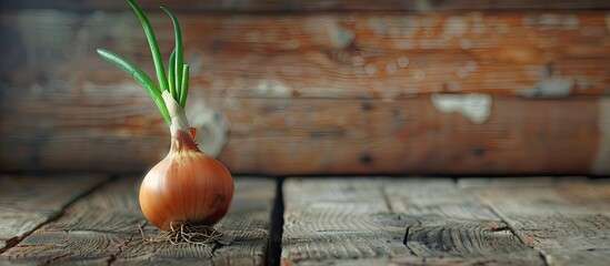 Poster - Onion bulb nurturing against a wooden backdrop. with copy space image. Place for adding text or design