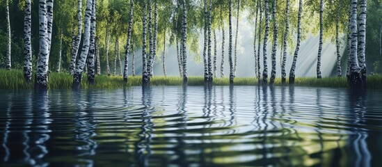 Leinwandbilder - Reflection of a birch grove on the lake with ripples. with copy space image. Place for adding text or design