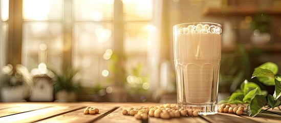 Leinwandbilder - A glass of soy milk with soybeans on a wooden table featuring a blurred background and morning lighting conveys a healthy concept. with copy space image. Place for adding text or design