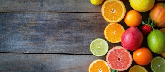 Aufkleber - Fruits on a wooden surface They possess a soft texture and a sweet distinctive flavor along with an appealing skin color rich in edible flesh This image can be utilized for food and drink background