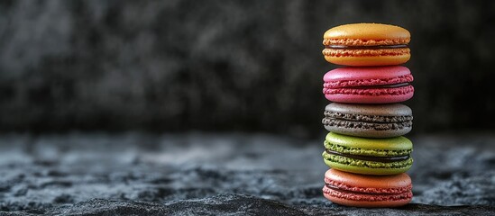 Poster - A stack of colorful and sweet French macaroons set against a dark rock backdrop. with copy space image. Place for adding text or design