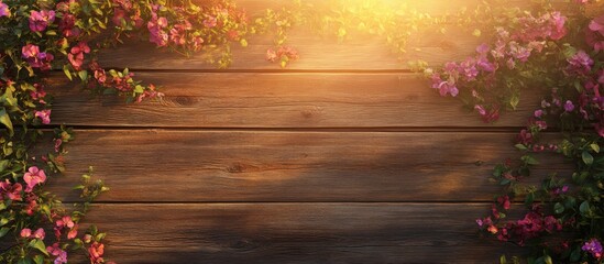 Poster - Wooden wall adorned with flowers An empty sign is present for text The wall is set against a sunset backdrop Space for text Vintage decor. with copy space image. Place for adding text or design