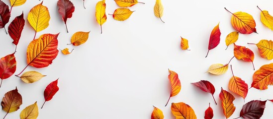 Wall Mural - Flat lay top view of yellow red and orange autumn leaves on the left side of the frame against a white background Leaf fall theme with copyspace for text