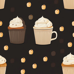 Poster - Muffin and a cup of coffee flat illustration icons, Muffin and a cup of coffee seamless pattern