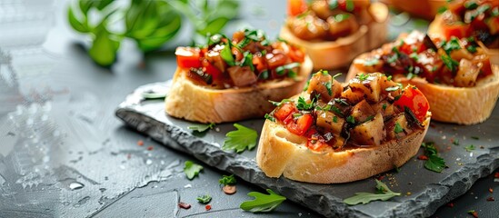 Aufkleber - Tasty bruschettas topped with truffle sauce on a grey table Room for text. with copy space image. Place for adding text or design