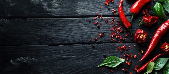 Poster - chili fruits and red pepper powder on a weathered black wooden table. with copy space image. Place for adding text or design