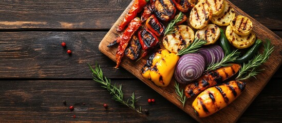 Poster - Grilled vegetables on a cutting board on a dark wooden surface. with copy space image. Place for adding text or design