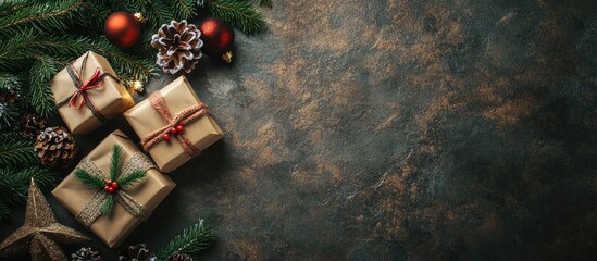 Aufkleber - Rustic table arrangement for a festive Christmas dinner featuring a gift box fir tree and decorations on a stone background with copy space