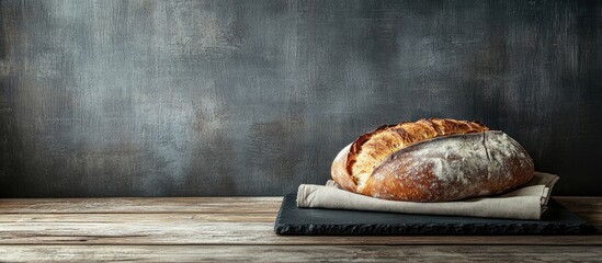 Poster - A loaf of freshly baked Lithuanian bread on a blackboard with a napkin set against a wooden background. with copy space image. Place for adding text or design