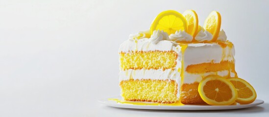 Aufkleber - Elegant Lemon Cake topped with Cream and Caramelized Lemon Slices against a White Background A stylish dessert for holiday celebrations. with copy space image. Place for adding text or design