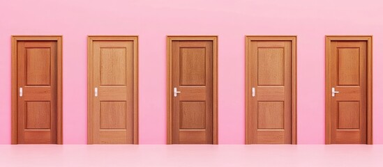 Aufkleber - A creative arrangement of open wooden doors set against a pink background Minimal opportunity and entrance concept. with copy space image. Place for adding text or design