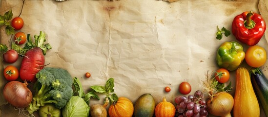 Fototapete - An old vintage paper sheet held over an abundance of ripe vegetables Concept of a healthy vegetarian food recipe. with copy space image. Place for adding text or design