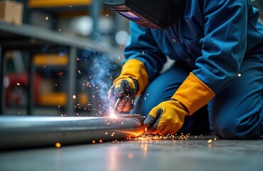 Poster - Welder in protective uniform, mask welds metal pipe on industrial table. Sparks, smoke rise. Pro work in workshop factory. Manual, skilled work. High tech process. Protective equipment ensures worker