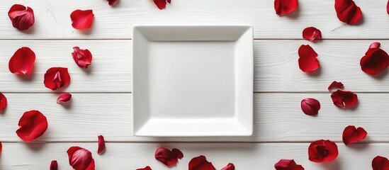 Fototapete - Background for the menu or postcard A square plate on a white wooden surface encircled by red petals. with copy space image. Place for adding text or design