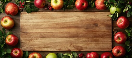 Poster - Empty wooden board with apples copy space layout template for a food background copy space and cutting board for your text from a top view flat lay