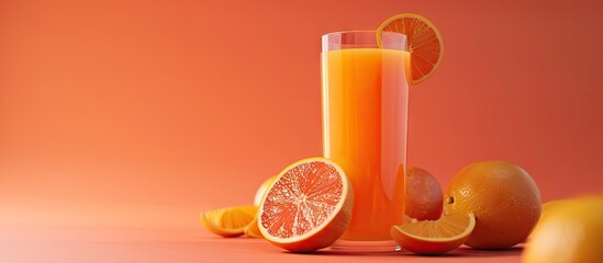 Poster - A glass of fruit juice accompanied by fresh citrus fruits. with copy space image. Place for adding text or design