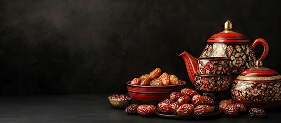 Poster - Arabic traditional dishes pots and dates such as kurma and tamar Holiday decorations Ramadan Kareem Isolated on a black background. with copy space image. Place for adding text or design