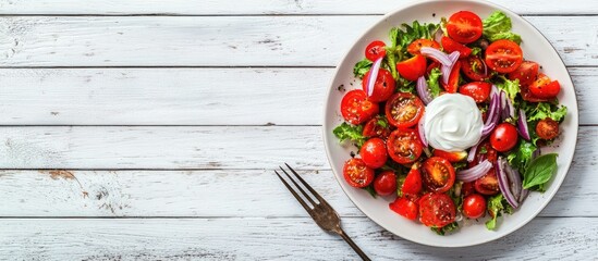 Aufkleber - A fresh simple salad featuring cherry tomatoes sour cream and sweet red onion on a plate with a vintage fork against a rustic white wooden background Top view. with copy space image