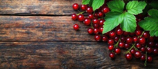 Fototapete - Fresh red currants with green leaves on a rustic wooden table top view with copy space