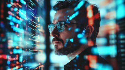 Focused male programmer utilizing holographic technology in coding.