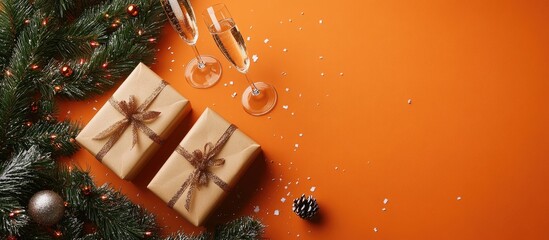 Fototapete - Christmas holiday arrangement Handmade gift boxes wrapped in craft paper featuring fir tree branches two champagne glasses pine and confetti on an orange background Flat lay top view copy space