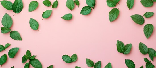 Poster - Separate green little leaves shown over a pink background Numerous small leaves for enhancing any postcard or celebration card Concept of spring and summer Flat lay top view copy space