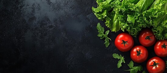 Canvas Print - Ripe tomatoes and fresh lettuce on a dark background Top view Copyspace for your text