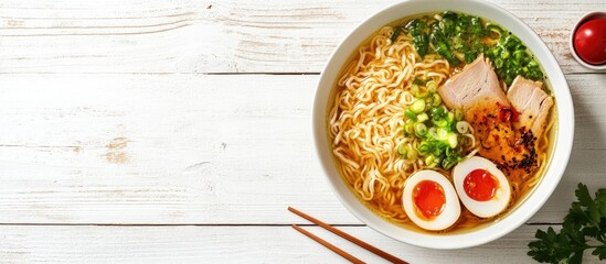 Leinwandbilder - Tasty ramen in a bowl with chopsticks on a white wooden table text space Noodle soup. with copy space image. Place for adding text or design