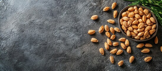 Canvas Print - Pine nuts on a stone table Viewed from above with copy space available