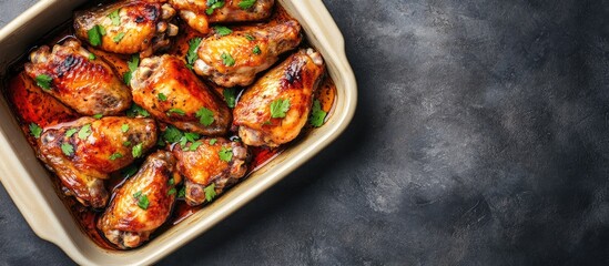 Poster - Asian style baked chicken wings on a baking dish. with copy space image. Place for adding text or design
