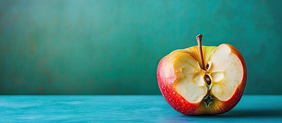 Fototapete - An apple core on a blue green background. with copy space image. Place for adding text or design