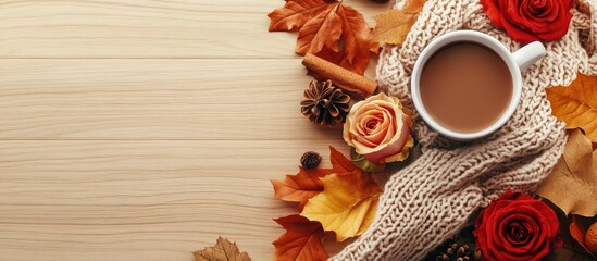 Aufkleber - Autumn arrangement Hot chocolate autumn leaves badon cinnamon cones roses gifts and a scarf on a light wood background Flat lay top view copy space