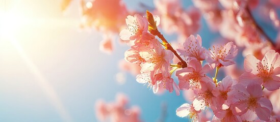 Aufkleber - Double cherry blossoms are in full bloom A branch with flowers stands against a blue sky with sunlight streaming through the blossoms. with copy space image. Place for adding text or design