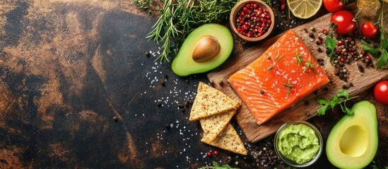Aufkleber - Top view of a delicious fresh salted salmon fillet alongside crispbread and avocado on a wooden board Aromatic herbs spices and vegetables representing healthy food diet and cooking concepts Perfec