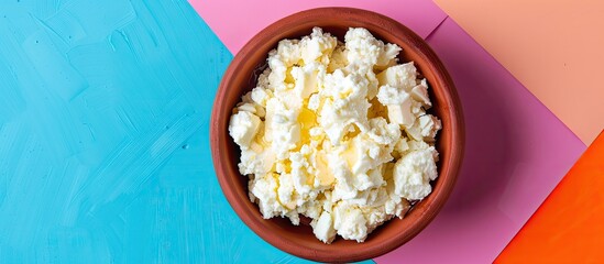 Poster - Cottage cheese with honey in a clay bowl on a colorful paper background top view. with copy space image. Place for adding text or design
