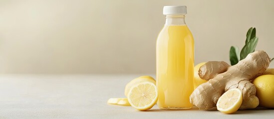Poster - Bottle of homemade ginger and lemon juice on a light background Horizontal. with copy space image. Place for adding text or design