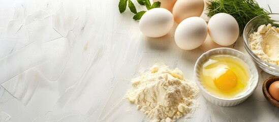 Fototapete - Ingredients for preparing curd pie on a white table. with copy space image. Place for adding text or design