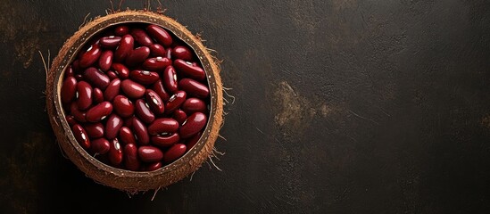Fototapete - Red kidney beans inside a coconut shell bowl rich in protein Top view with copy space Close up