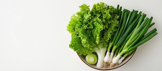 Aufkleber - Three green onions and lettuce in a bowl on a white backdrop Top to bottom layout. with copy space image. Place for adding text or design