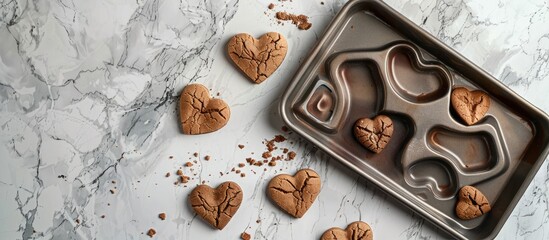 Aufkleber - Metal molds for heart shaped cookies on a marble table Concept of cooking with love preparing for loved ones baking for Valentine s Day Copy space Top view