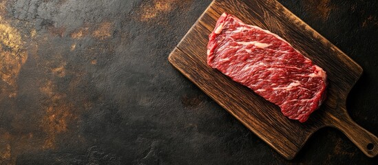 Poster - Raw dry aged wagyu flank steak viewed from above on a cutting board. with copy space image. Place for adding text or design