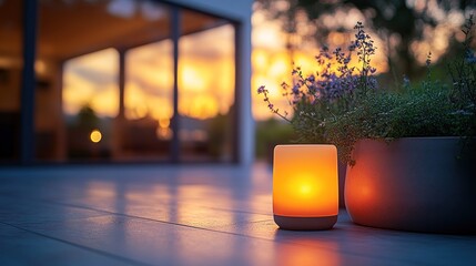 Wall Mural - Illuminated candle lantern on patio at sunset.