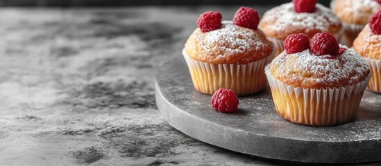 Fototapete - Tasty sweet muffins on a grey table close up Room for text. with copy space image. Place for adding text or design