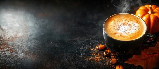 Aufkleber - Autumn pumpkin latte coffee on a dark background. with copy space image. Place for adding text or design