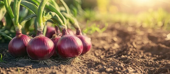 Poster - Harvesting onions from the garden. with copy space image. Place for adding text or design