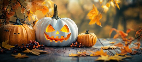 Fototapete - Orange and white pumpkins and a jack o lantern with cut out eyes and mouth are placed on a wooden table alongside yellow autumn maple leaves and berries The scene evokes an autumn mood Halloween an