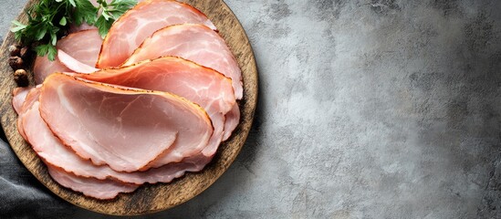 Poster - Thin slices of pork ham resting on a wooden kitchen table Gray backdrop Top view. with copy space image. Place for adding text or design